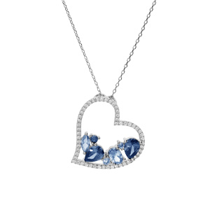 Collier en argent rhodi massif chane avec pendentif coeur oxydes bleus contour oxydes blancs 40+5cm - Vue 2