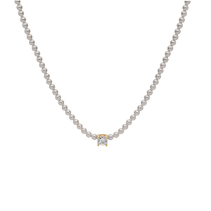 Collier en argent et dorure jaune perles blanches de synthse et 1 oxyde blanc serti 38+4cm - Vue 2