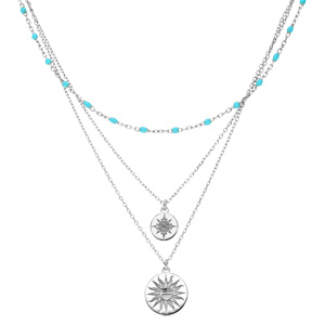 Collier en argent rhodi triple rangs avec pendentif mdailles et perles bleue 40+5cm - Vue 2