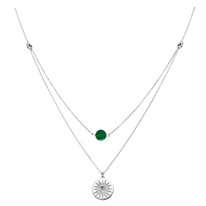 Collier en argent rhodi double chane pastille soleil diamante et Malachite vritable 40+5cm - Vue 2