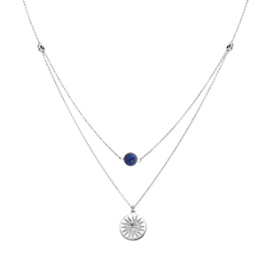 Collier en argent rhodi double chane pastille soleil diamante et pierre Lapis Lazuli vritable 40+5cm - Vue 2