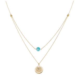 Collier en argent et dorure jaune double chaîne pastille soleil diamantée et Hemimorphite véritable 40+5cm - Vue 2