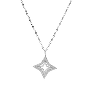 Collier en argent rhodi chane avec pendentif toile ajoure contour oxydes blancs sertis 40+2+2cm - Vue 2