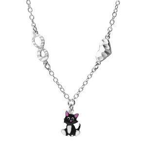 Collier en argent rhodi chane avec pendentif chat noir et blanc et motif infini et coeur 35+4cm - Vue 2