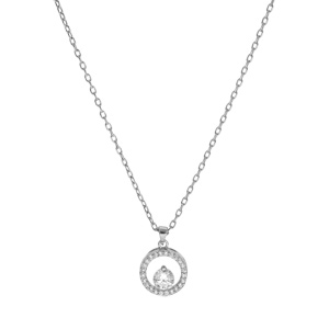 Collier en argent rhodi chane avec pendentif forme rondelle pave d\'oxydes blancs sertis et 1 oxyde blanc serti 40+5cm - Vue 2