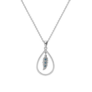 Collier en argent platin chane avec pendentif goutte vide et plume avec oxyde bleu 42+3cm - Vue 2