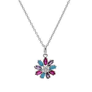 Collier en argent rhodi chane avec pendentif fleur oxydes multi couleurs 42+3cm - Vue 2