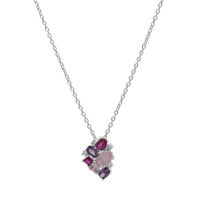 Collier en argent rhodi chane avec pendentif gomtrie oxydes roses et violets 42+3cm - Vue 2