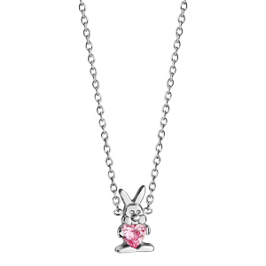 Collier pour enfant en argent rhodi chane avec pendentif lapin tenant 1 oxyde rose - longueur 36cm + 2cm de rallonge - Vue 2