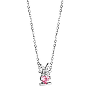 Collier pour enfant en argent rhodié chaîne avec pendentif lapin tenant 1 oxyde rose - longueur 36cm + 2cm de rallonge - Vue 2