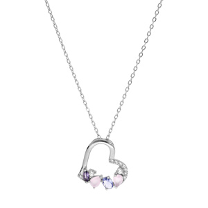 Collier en argent rhodié chaîne avec pendentif coeur avec oxydes blancs et pastels 40+5cm - Vue 2