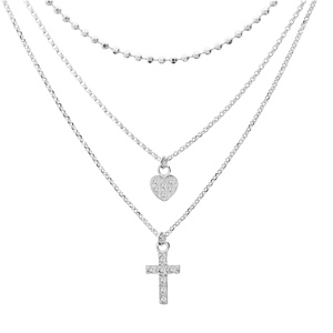 Collier en argent rhodi triple chane avec pendentifs coeur et croix 35+5cm - Vue 2