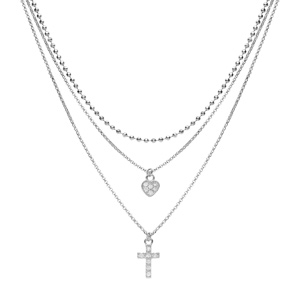 Collier en argent rhodi triple chane avec pendentifs coeur et croix 35+5cm - Vue 2