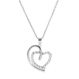 Collier en argent rhodié chaîne avec pendentif grand coeur avec coeur d\'oxydes blancs sertis 40+5cm - Vue 2