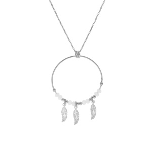 Collier en argent rhodi chane avec pendentif anneau 28mm boules blanches pampille 3 plumes 40+4cm - Vue 2