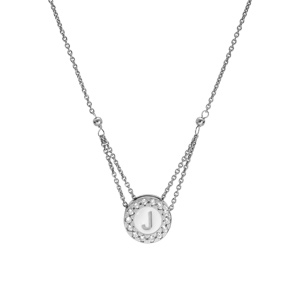 Collier en argent rhodi chane avec pendentif rond initiale J recto fond blanc et verso noire avec contour oxydes blancs sertis 40+5cm - Vue 2