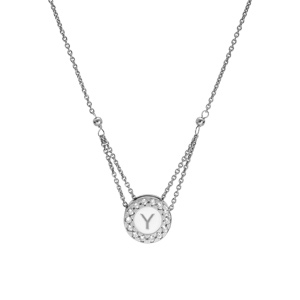 Collier en argent rhodichane avec pendentif rond initiale Y recto fond blanc et verso noire avec contour oxydes blancs sertis 40+5cm - Vue 2