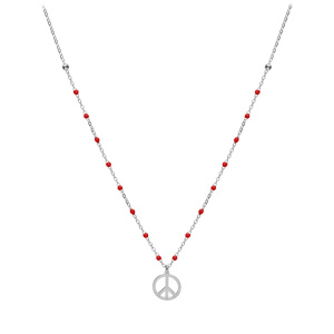 Collier en argent rhodi chane avec boules couleur rouges motif peace and love 40+5cm - Vue 2