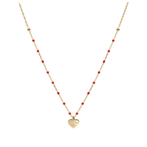 Collier en argent et dorure jaune chane avec boules couleur rouge avec pendentif coeur 40+5cm - Vue 2