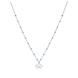 Collier en argent rhodi chane avec boules couleur bleu avec pendentif fleur de lotus 40+5cm - Vue 2