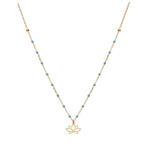 Collier en argent et dorure jaune chane avec boules couleur bleu avec pendentif fleur de lotus 40+5cm - Vue 2