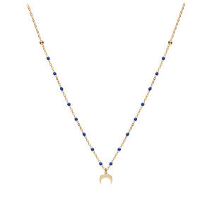 Collier en argent et dorure jaune chane avec boules couleur bleu fonc avec pendentif demi lune 40+5cm - Vue 2