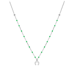 Collier en argent rhodi chane avec boules couleur verte avec pendentif fer  cheval 40+5cm - Vue 2