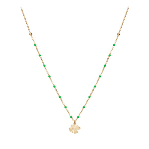 Collier en argent et dorure jaune chane avec boules couleur verte avec pendentif trfles 40+5cm - Vue 2