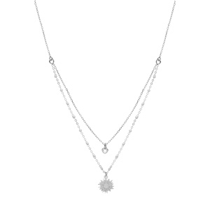 Collier en argent rhodi double chane avec soleil et coeur oxyde blanc et perles blanches 40+5cm - Vue 2