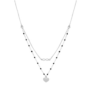 Collier en argent rhodi double chane avec infini et coeur et perles noires 40+5cm - Vue 2