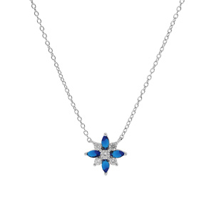 Collier en argent rhodi chane avec pendentif fleur avec oxydes blancs et bleus sertis 42+3cm - Vue 2