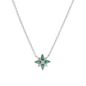 Collier en argent rhodi chane avec pendentif fleur avec oxydes blancs et vert sertis 42+3cm - Vue 2