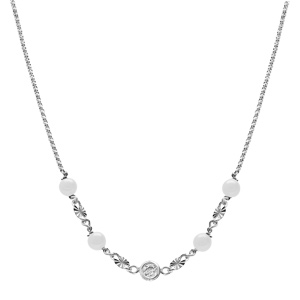 Collier en argent rhodi pastille diamante et boule en verre blanche 38+5cm - Vue 2