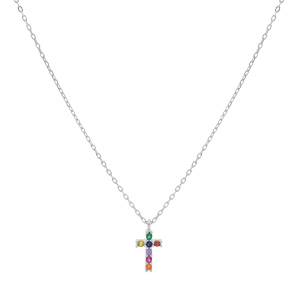 Collier en argent rhodi chane avec pendentif croix empierre multi couleurs 40+4cm - Vue 2