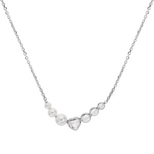 Collier en argent rhodi chane avec perles blanches de synthse et coeur oxydes blancs sertis 43+3cm - Vue 2