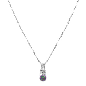 Collier en argent rhodi chane avec pendentif solitaire mystique arc en ciel et feuillage 42+3cm - Vue 2