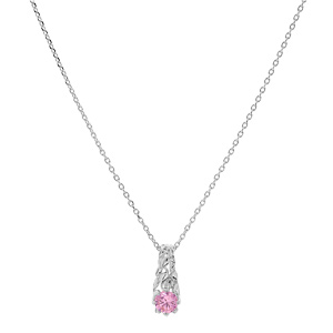 Collier en argent rhodi chane avec pendentif solitaire 5mm oxyde rose et feuillage 42+3cm - Vue 2