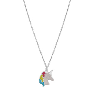 Collier en argent rhodi chane avec pendentif licorne blanche et multicouleur 35+5cm - Vue 2