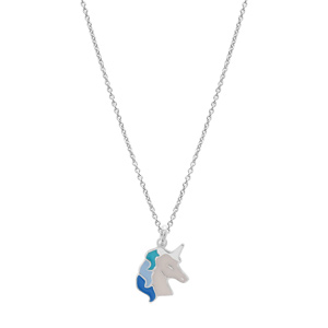 Collier en argent rhodi chane avec pendentif licorne blanche et bleue 35+5cm - Vue 2