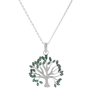 Collier en argent rhodi massif chane avec pendentif arbre de vie petit modle oxydes blancs et verts sertis 40+5cm - Vue 2
