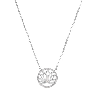 Collier en argent rhodi chane avec pendentif fleur de lotus contour cercle oxydes blancs sertis 39+4cm - Vue 2