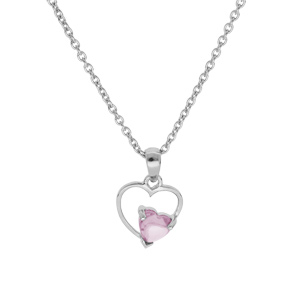 Collier en argent platin chane avec pendentif coeur avec 1 oxyde rose serti 42+3cm - Vue 2