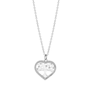 Collier en argent platin chane avec pendentif coeur motif arbre de vie contour oxydes blancs sertis longueur 42+3cm - Vue 2