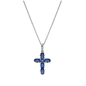 Collier en argent rhodi pendentif croix avec oxydes bleus 38+5cm - Vue 2