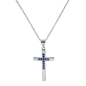 Collier en argent rhodi chane avec pendentif croix et oxydes bleu longueur 40+4cm - Vue 2