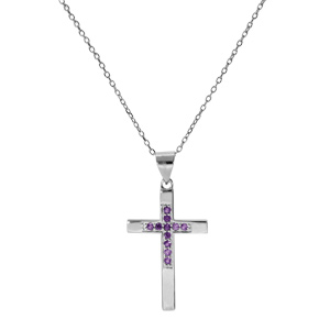 Collier en argent rhodi chane avec pendentif croix et oxydes violet longueur 40+4cm - Vue 2