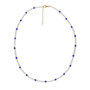 Collier en argent et dorure jaune perles 3mm blanche de synthse et perles bleues longueur 38+4cm - Vue 2