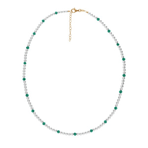 Collier en argent et dorure jaune range perles 3mm blanche de synthse et perles vertes longueur 38+4cm - Vue 2
