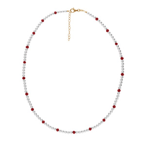 Collier en argent et dorure jaune range perles 3mm blanche de synthse et perles rouges longueur 38+4cm - Vue 2