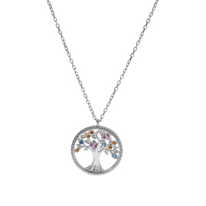Collier en argent rhodié chaîne avec pendentif motif arbre de vie contour perlé et oxydes multi couleurs 42+3cm - Vue 2